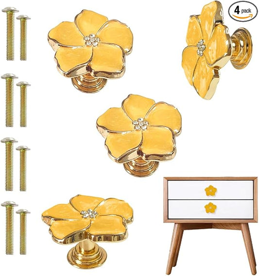 4 pcs Petal Knob Handle Unique Zinc Alloy Flower Shape Single Hole Knob Handle for Cabinets,Drawers, Wardrobes Furniture Decoration(Yellow)