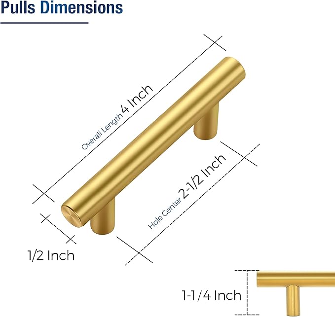 JOY DECOR 15 Pack Cabinet Handles, Gold Cabinet Pulls, 2-1/2 in Hole Center Kitchen Cabinet Handles, Stainless Steel T Bar Handles for Dresser Drawers