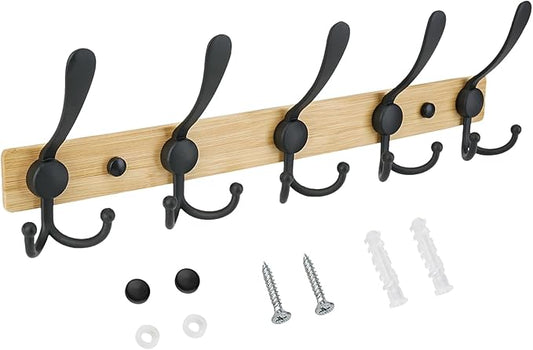 TICONN Wall Mounted Coat Rack, Five Heavy Duty Tri Hooks All Metal Construction for Jacket Coat Hat in Mudroom Entryway (Wood Black, 1-Pack)
