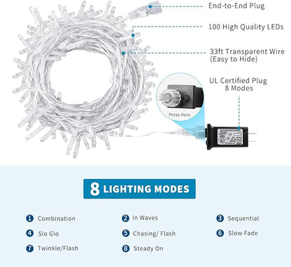Christmas String Lights,33FT 100 LEDs White Chritsmas Tree Lights Indoor Connectable String Light Clear Wire 8 Modes Plug in for Room Tree Wedding Decoration