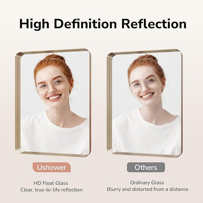 USHOWER Gold Bathroom Mirror 22"x30", Brushed Gold Rectangle Mirror for Over Sink, Rounded Corner, Aluminum Frame, Anti-Rust, Tempered Glass, Horizontal or Vertical Mounted