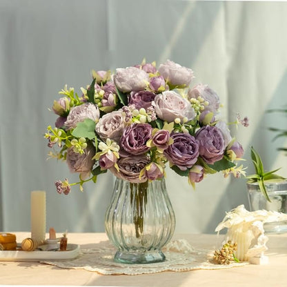 Artificial Peonies Silk Flowers in Glass Vase Faux Flowers Bouquets Modern Penoy Arrangement 4 Pack for Home Decoration Table Centerpiece (Purple)