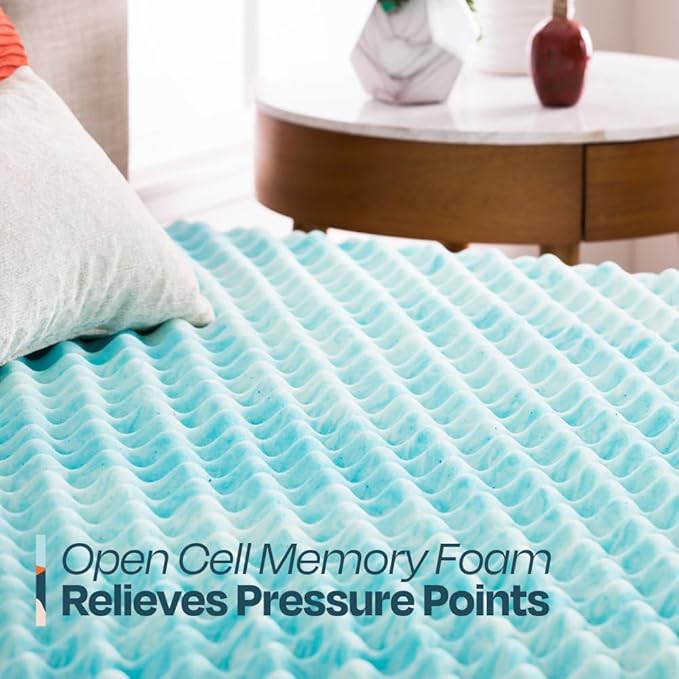 Linenspa 2 Inch Convoluted Gel Swirl Memory Foam Mattress Topper - Promotes Airflow - Relieves Pressure Points - Queen