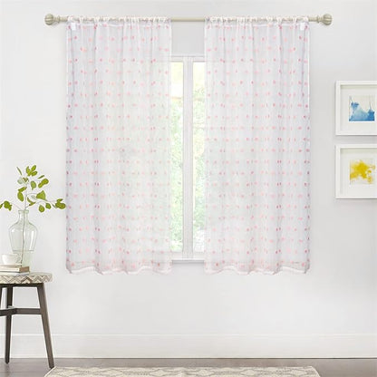 MYSKY HOME Pink Kitchen Curtains for Girls Bedroom - 45 Inch Pom Pom Sheer Light Filtering Panels for Nursery, Kids Room - Rod Pocket Cafe Small Window - 38 x 54 in Set of 2