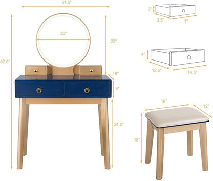 CHARMAID Vanity Desk with Lights, Navy Blue Makeup Vanity Desk with 3-Color Lighted Mirror, 4 Drawers, Cushioned Stool, Modern Bedroom Makeup Dressing Table for Small Place