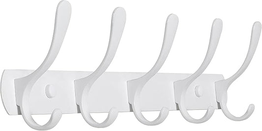 SKOLOO Coat Rack Wall Mount - Modern, Metal Wall Coat Rack with 5 Hooks, Sturdy Wall Hook Rack Rail for Hanging Coat, Jacket, Clothes, Hat, White