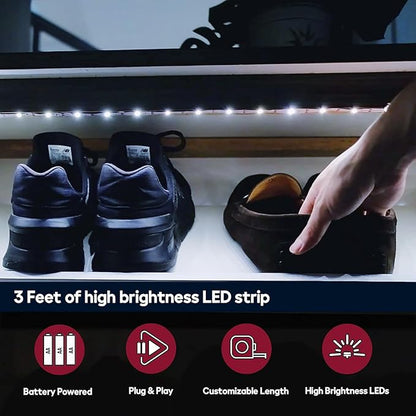 Battery Powered LED Strip Lights, 3 Pack 40 Inch Cordless White LED Light Strips for Shelves and Under Cabinet Indoor Use, Battery Operated LED Strip Lights, Cool White 6500K