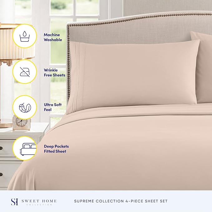 California King Sheet Sets - Breathable Luxury Sheets with Full Elastic & Secure Corner Straps Built In - 1800 Supreme Collection Cal King Deep Pocket Bedding Set, Sheet Set, California King, Beige