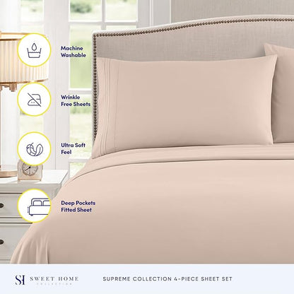 Queen Size Bed Sheets - Breathable Luxury Sheets with Full Elastic & Secure Corner Straps Built In - 1800 Supreme Collection Soft Deep Pocket Bedding, Sheet Set, EXTRA DEEP pocket - Queen, Beige