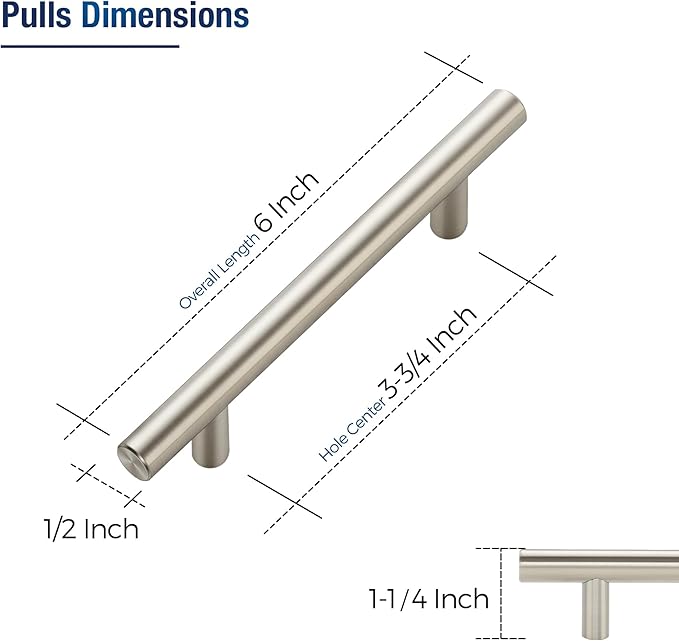 JOY DECOR 3 Pack Cabinet Handles, Brushed Nickel Cabinet Pulls, 3-3/4 in Hole Center Kitchen Cabinet Handles, Stainless Steel T Bar Handles for Dresser Drawers