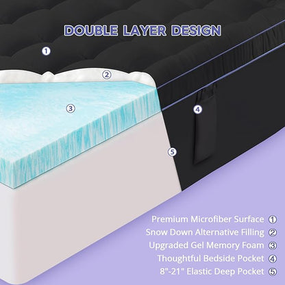 ABENE Queen Dual Layer 3 Inch Memory Foam Mattress Topper, 2 Inch Gel Memory Foam Plus 1 Inch Down Alternative Pillowtop Mattress Pad Cover, Soft Black Bed Topper Support for Pressure Relief