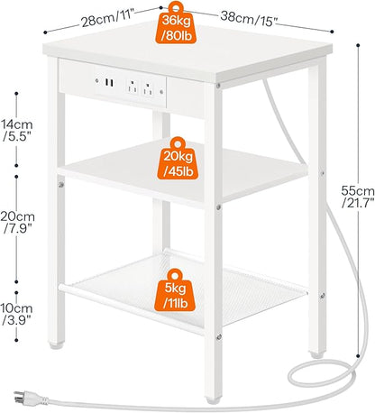 HOOBRO Side Table with Charging Station and USB Ports, Small End Table for Small Space, 3-Tier Nightstand with Adjustable Shelf, for Living Room, Bedroom and Balcony, White WW112BZ01
