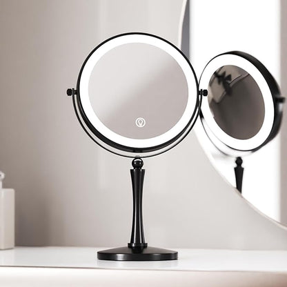 Nicesail 8” Desk Mirror with Light Dimmable 3 Colors Lighting, Magnifying Mirror with Lights and 1X/7X Magnification Makeup Vanity Mirror with Lights, Makeup Mirror for Home Hotel Desktop, Black 7X