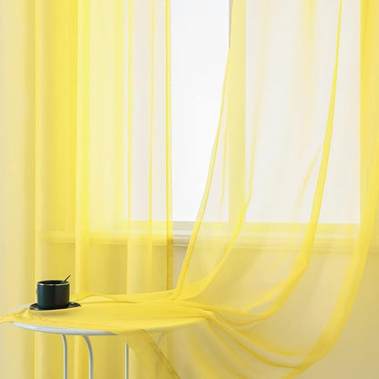 DUALIFE Yellow Sheer Curtains 84 Inches Long for Living Room Set 2 Grommet Look Soft Semi Transparent Voile Drape Window Sheer Curtains for Bedroom Boys 52x84 Length Solid Bright Color