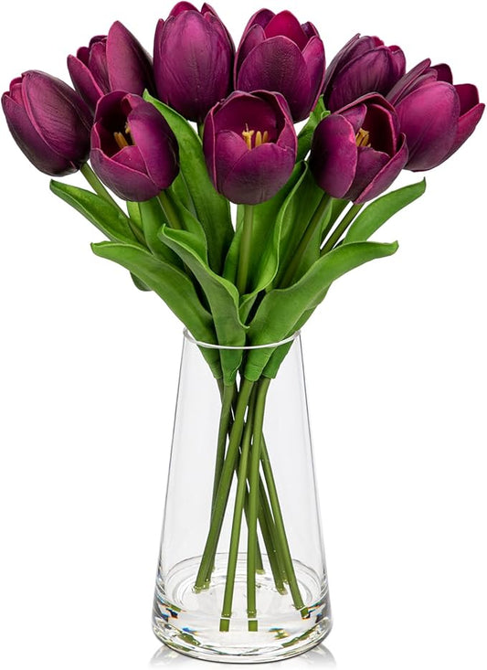 Fake Tulips Artificial Tulip Flowers in Glass Vase with Faux Water, 14.2" Real Touch Purple Tulip Flowers Décor for Table Centerpiece Home Farmhouse Resto Wedding Decoration