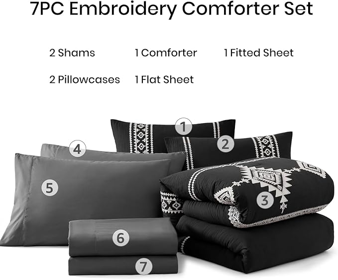 MaiRêve Oversized Queen Comforter Set Charcoal Black, Embroidery Western Bedding Set Boho 7 Pieces, Farmhouse All-Season Bed in A Bag with Sheets, Pillowcases & Shams