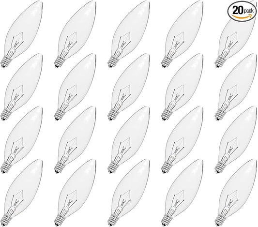 20-Pack E12 Candelabra Light Bulbs 40W Warm White 2500K, 380 Lumen Dimmable Chandeier Light Bulbs for Ceiling Fan, Pendants or Outdoor, B10 Clear Incandescent Candle Bulbs
