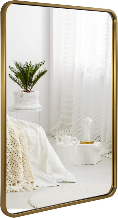 ANDY STAR Brushed Gold Mirrors for Bathroom, 24x36’’ Rounded Rectangle Mirror, Modern Brass Bathroom Vanity Mirror Non-Rusting Metal Tube Framed 1’’ Deep Wall-Mounted Mirrors Vertical/Horizontal