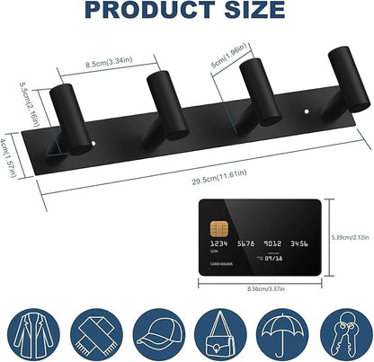 VAEHOLD 2PACK Hat and Coat Wall Mount Rack - 4 Hooks for Robes, Bags, Keys, and Towels - Bathroom Towel Hanger Organizer -Black