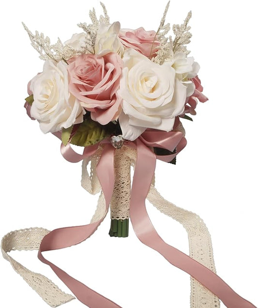 Wedding Bouquets for Bride, Champagne White & Pink Bridal Bridesmaid Wedding Flowers, Artificial Toss Rose for Civil Ceremony (Hollow Lace Ribbon Handle)
