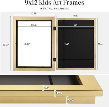 [3Pack] Kids Art Frames, 9x12 Front Opening Kids Artwork Frames Changeable, Gold Artwork Display Storage Frame for Wall, Holds 50 Pcs, for 3D Picture, Crafts, Children Drawing, Hanging Art, Portfolio