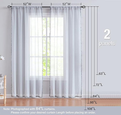 Treatmentex Pom-Pom Grey Sheer Curtains for Canopy in Girls Bedroom 84inches Long Linen Textured Sheer Drapes for Windows 2 pc