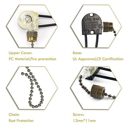 Ceiling Fan Light Switch Zing Ear Pull Chain ZE-109 Fan Light Switch, On-Off Speed with Pull Chain Compatible with Ceiling Fans, Lamps and Wall Lights (2, Bronze)