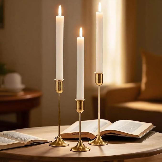 6 Pcs Brass Gold Candle Holders Set, Candelabra Tall Candle Stand, Metal Taper Candlestick Holders for Dining, Table Centerpieces & Vintage Home Decor– Housewarming Gift for Halloween Decor, Christmas