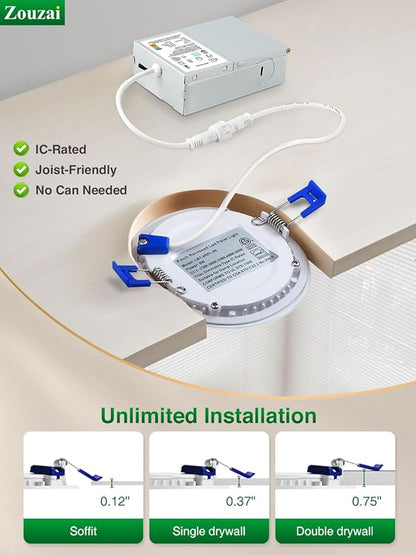 zouzai 12 Pack White 8 inch 18W 1620LM 5CCT Reset Ultra-Thin LED Recessed Ceiling Light with Junction Box, 2700K/3000K/3500K/4000K/5000K Selectable,Dimmable - ETL and Energy Star Certified