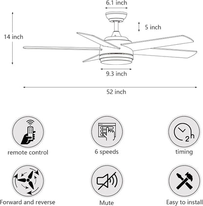 YUHAO 52 Inch Black Ceiling Fan with Light and Remote Control.Noiseless,Dimmable,3CCT,6 Speeds Reversible, DC Ceiling Fans for Indoor or Covered Outdoor