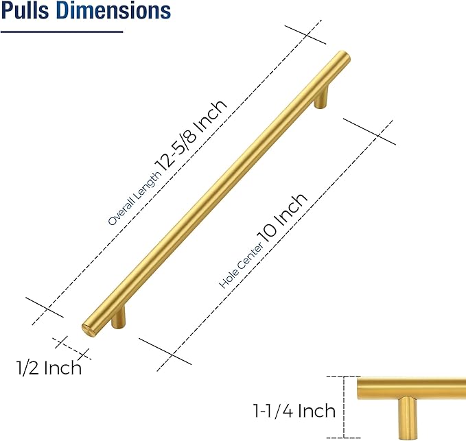 JOY DECOR 60 Pack Cabinet Handles, Gold Cabinet Pulls, 10 in Hole Center Kitchen Cabinet Handles, Stainless Steel T Bar Handles for Dresser Drawers