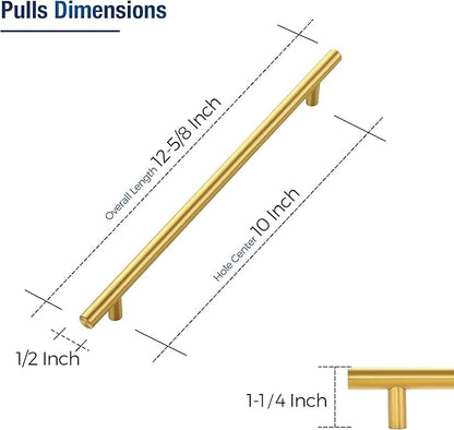 JOY DECOR 60 Pack Cabinet Handles, Gold Cabinet Pulls, 10 in Hole Center Kitchen Cabinet Handles, Stainless Steel T Bar Handles for Dresser Drawers