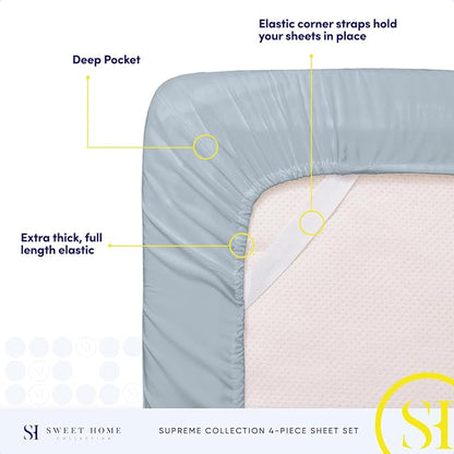 1800 Supreme Collection - Breathable Luxury Full Size Sheet Set with Full Elastic & Secure Corner Straps Built In, Extra Soft Deep Pocket Bedding, Misty Blue