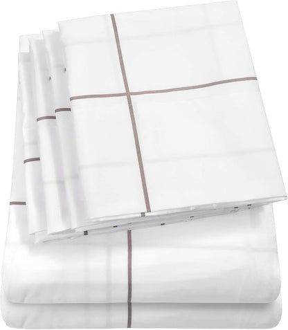 Queen Sheets Window Pane White - 6 Piece 1500 Supreme Collection Fine Brushed Microfiber Deep Pocket Queen Sheet Set Bedding - 2 Extra Pillow Cases, Great Value, Queen, Window Pane White