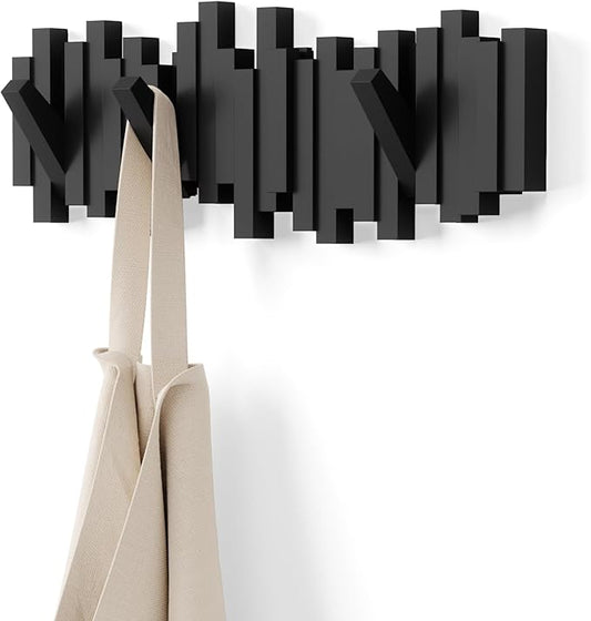 Umbra Sticks Wall-Mounted Coat Rack Rail Hook with 5 Retractable Pegs – Modern, Space-Saving Storage Organizer, Black