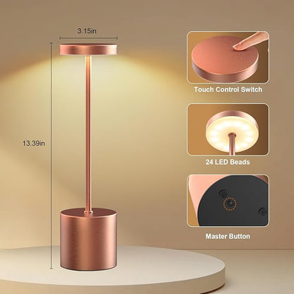 Cordless Table Lamp – 2 Pack Rechargeable Table Lamps, 5000mAh Battery Operated Lamp with 3-Color Dimmable Light, Outdoor Table Lamp for Bedroom, Restaurant, Patio, Home Décor (Rose Gold)