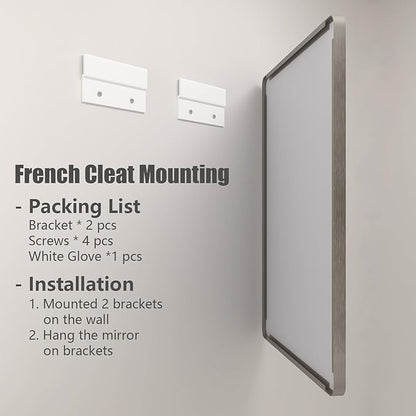 16x24 Inch Brushed Nickel Bathroom Mirror, Rounded Rectangle Silver Metal Frame Mirror, Silver Bathroom Vanity Mirror, Anti-Rust, Hangs Horizontally or Vertically