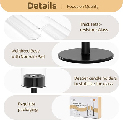 Black Hurricane Candle Holders Set of 3, Tall Metal & Windproof Glass Taper Candle Holders, Outdoor/Indoor Table Centerpieces for Weddings, Christmas, Parties, Fireplace Decor