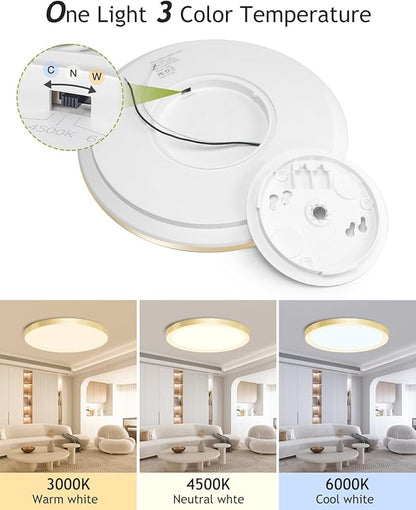 hepside 2PACK Flush Mount LED Ceiling Light Fixture Golden, 12Inch 28W, Dimmable 3000K-4500K-6000K 3 Color Selectable Ceiling Lamp 3200LM Low Profile Ceiling Light for Kitchen Bedroom Hallway