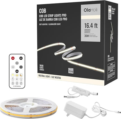 16.4ft COB Led Strip Light with Remote, 4000K Dimmable Bright Led COB Strip Light, White Continuous Led Strip Light for Mirror, Stair, Cabinet, Room