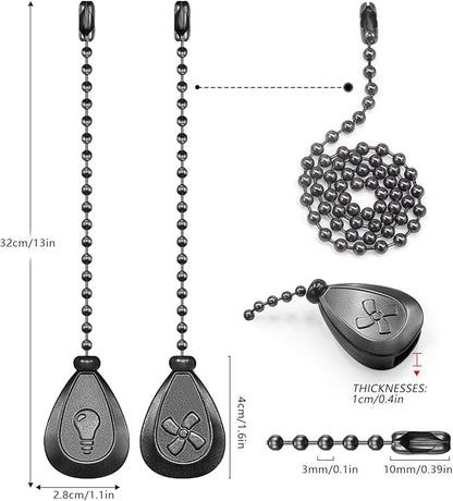Black Ceiling Fan Pull Chain, 2Pcs 12 Inches Decorative Fan Pull Chain Ornaments Extension, 3mm Diameter Beaded Ball Fan Pull Chain Extender with Connector(2 Pack)