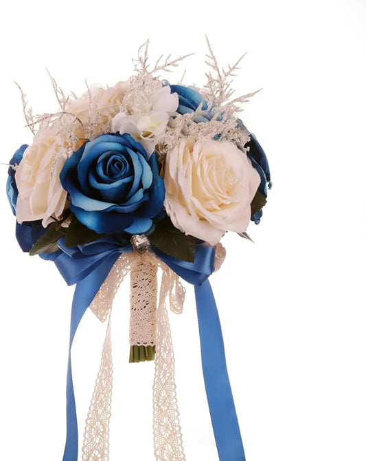 LEIFENY Wedding Bouquets for Bride, Champagne White & Royal Blue Bridal Bridesmaid Wedding Flowers, Artificial Toss Rose for Civil Ceremony (Hollow Lace Ribbon Handle)