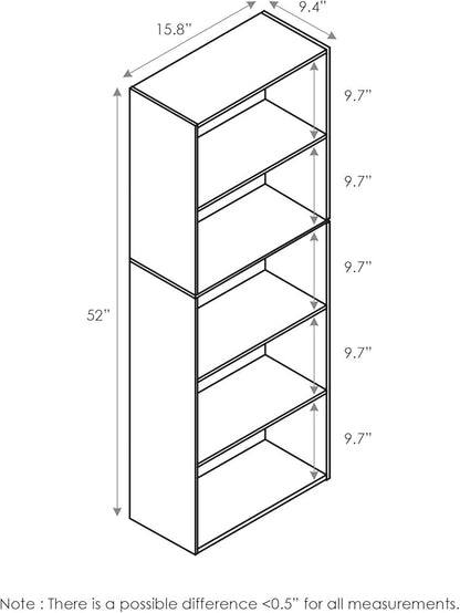 Furinno LUDER Book Shelf, 5-Tier Bookshelf, Bookcase, 9.4" x 15.8" x 52", for Living Room, Bedroom, Home Office, White/Pink