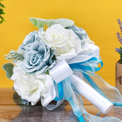 Artificial Rose Wedding Bouquets - Ribbon Faux Bridal Bouquets for Bride & Bridesmaid - Holding Flower for Wedding Decor