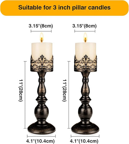 Candle Holders for Pillar Candles Gothic Matte Black Vintage Tall Candle Holders Set of 2 Decorative Large Table Centerpieces Candle Stand Decor (Distressed Black 2PCS A)