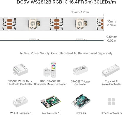 BTF-LIGHTING WS2812B RGB ECO LED Strip, Chasing Effects 5050SMD Individually Addressable 16.4FT 30Pixels/m 150Pixels Flexible Dream Color IP65 for Bedroom DIY Projects DC5V(No Adapter or Controller)
