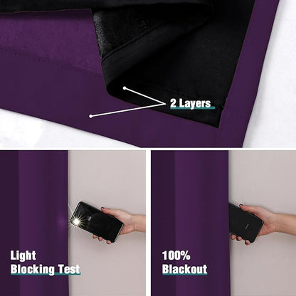 ChrisDowa 100% Blackout Curtains for Bedroom with Black Liner, 2 Thick Layers Total Blackout Thermal Insulated Grommet Window Curtains 2 Panels Set (Royal Purple, 52 x 45 Inch)