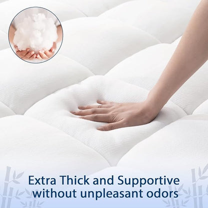 ELEMUSE Full Cooling Bamboo Viscose Mattress Topper for Back Pain, Extra Thick Mattress Pad Cover, Plush Soft Pillowtop with Elastic Deep Pocket, Overfilled Down Alternative Filling