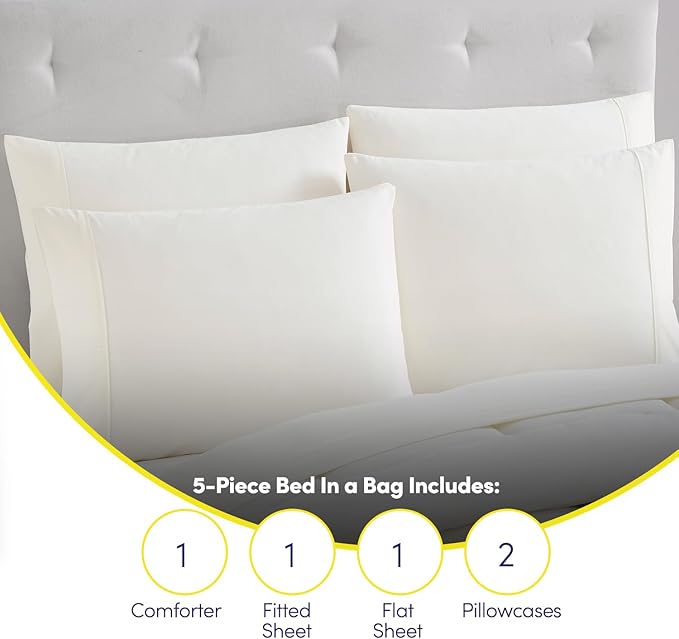 Sweet Home Collection 7 Piece Comforter Set Bag Solid Color All Season Soft Down Alternative Blanket & Luxurious Microfiber Bed Sheets, Ivory, Twin
