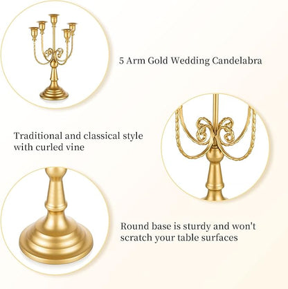 Romadedi Candelabra Gold Candle Holders - 5 Arm 11.8" Wedding Candlestick Holder for Theme Party Table Centerpiece Decor Dining Room Birthday Holiday Christmas, Set of 2